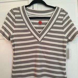 Anthropologie Cream and Brown Striped Ribbed V-Neck Tee